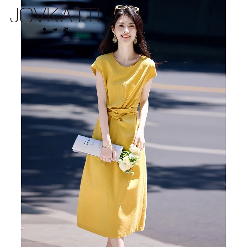 卓卡缇韩版黄色时尚连衣裙女夏2025新款高腰显瘦设计感沙滩度假裙