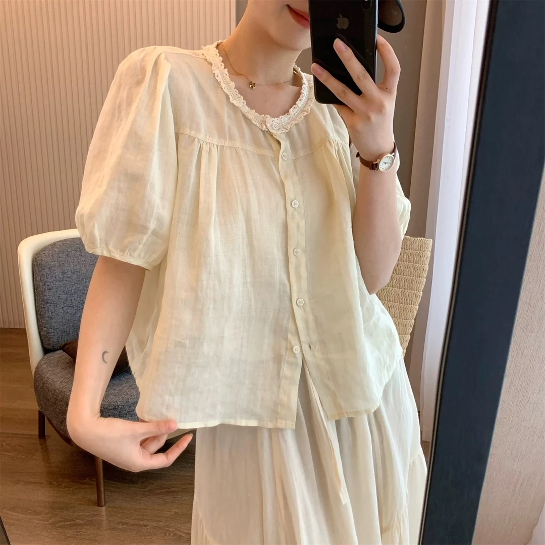 纯色苎麻  苎麻轻薄透气甜美花边领短袖小衫衬衫上衣