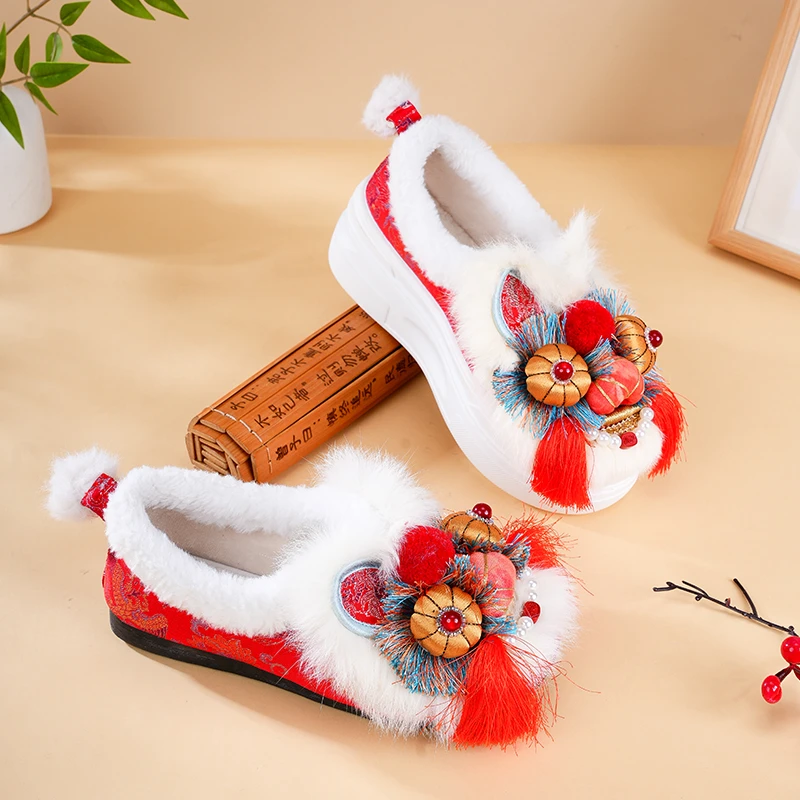 2025新款厚底平底兔毛保暖棉鞋手工鞋民族风1913-130+2022-320