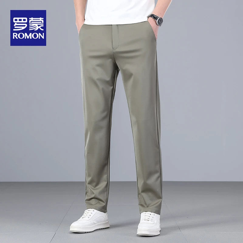 罗蒙桑蚕丝休闲裤男修身直筒夏季新款青年时尚冰丝薄款弹力西裤潮
