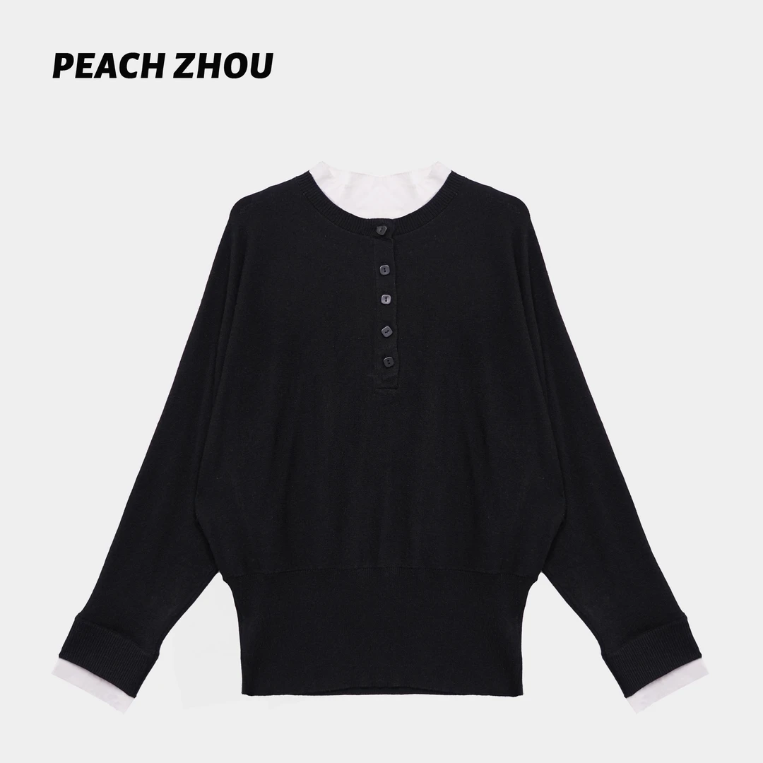 『PEACHZHOU』五粒扣拼接假两件圆领针织衫休闲通勤百搭叠层上衣女