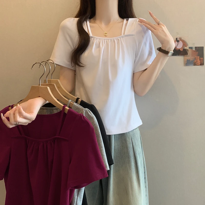 大码女装小众美式设计感方领褶皱遮肉显瘦方领正肩短袖T恤上衣女