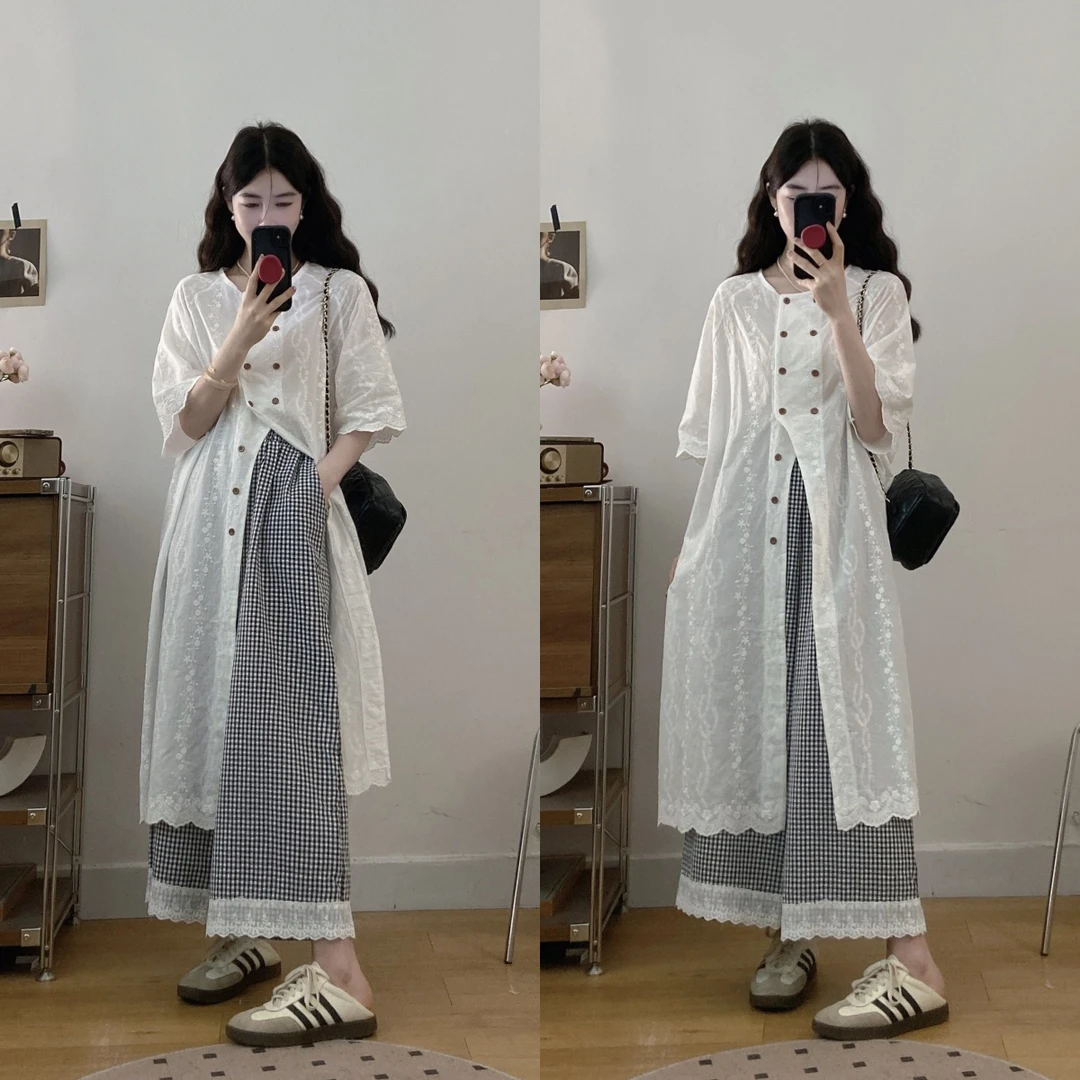 大码提花衬衫连衣裙格子阔腿裤套装女夏2025新款两件套超好看