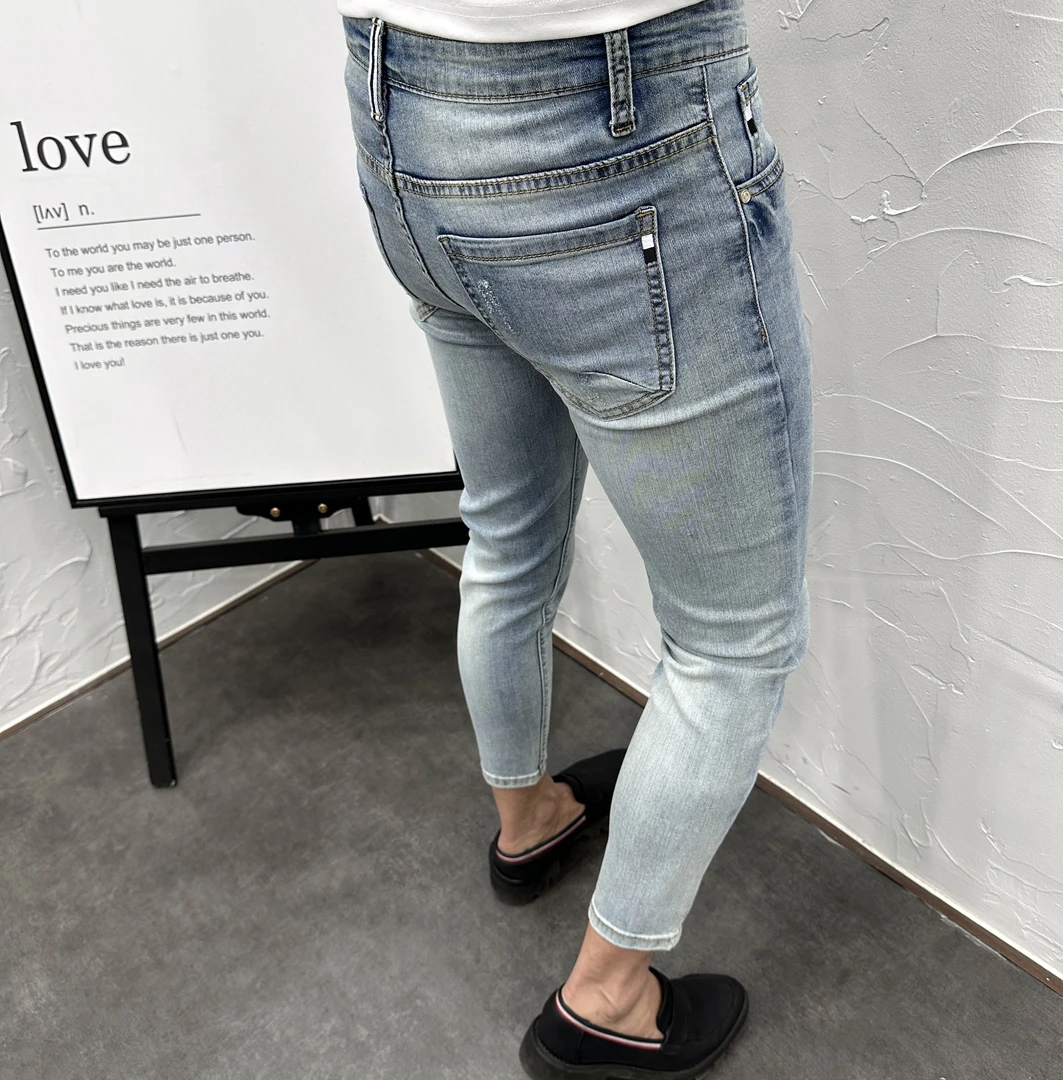 夏季薄款浅蓝九分低腰水洗弹力牛仔裤男潮流时尚韩版修身小脚长裤