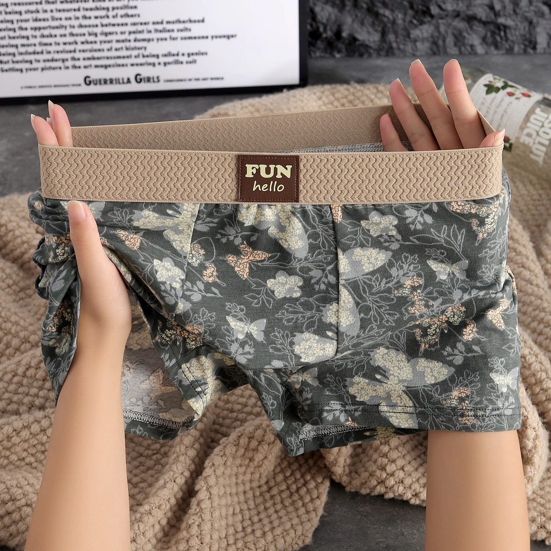 潮款秋冬男士内裤迷幻蝶印花新款平角裤舒适宽松透气中腰平角裤衩