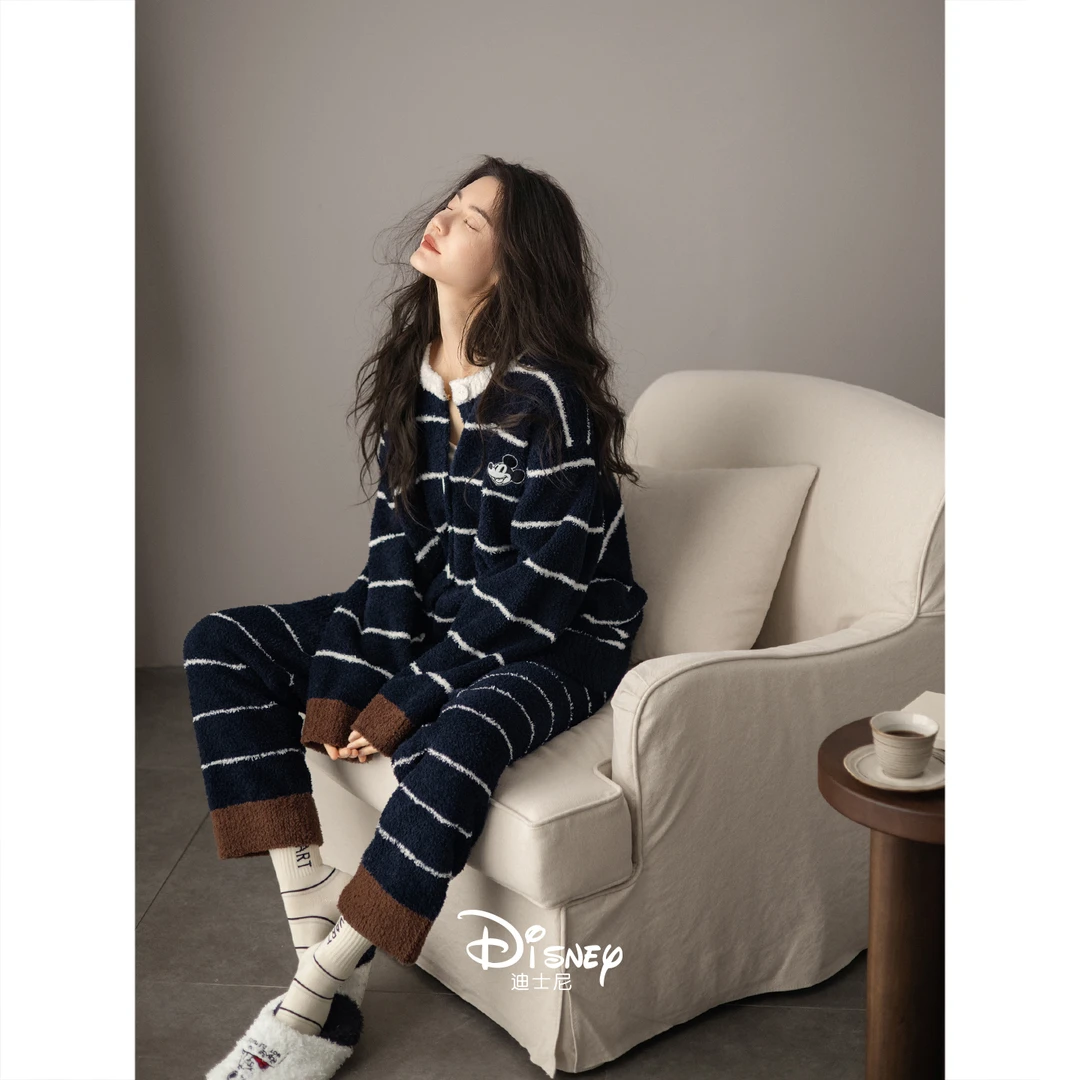 迪士尼珊瑚绒睡衣女秋冬季开衫宽松米奇家居服保暖半边绒条纹套装