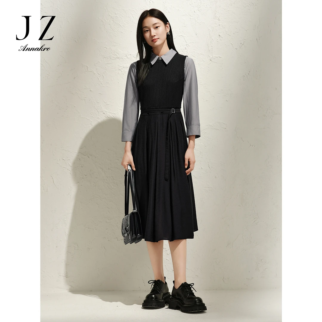 【小余专属】玖姿安娜蔻KWFC50017学院风假三件收腰连衣裙女春