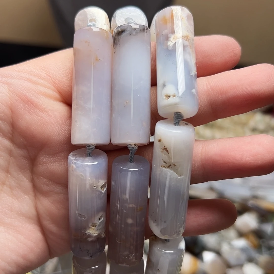 玛瑙/玉髓合金珠宝半成品D647，雪花紫长桶珠一条