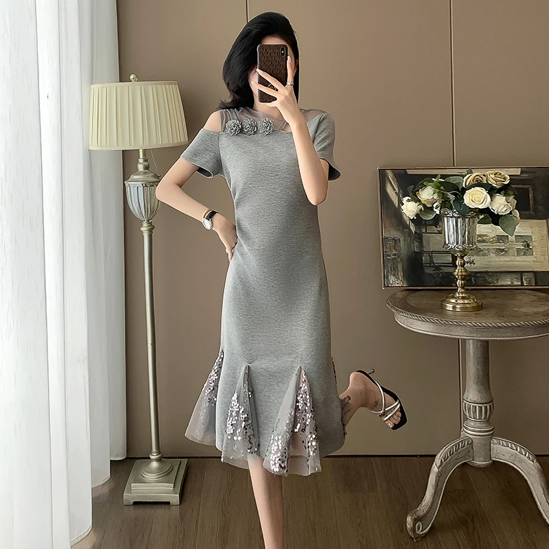 灰色露肩连衣裙女2025夏季爆款收腰显瘦气质感高级裙子女小个子