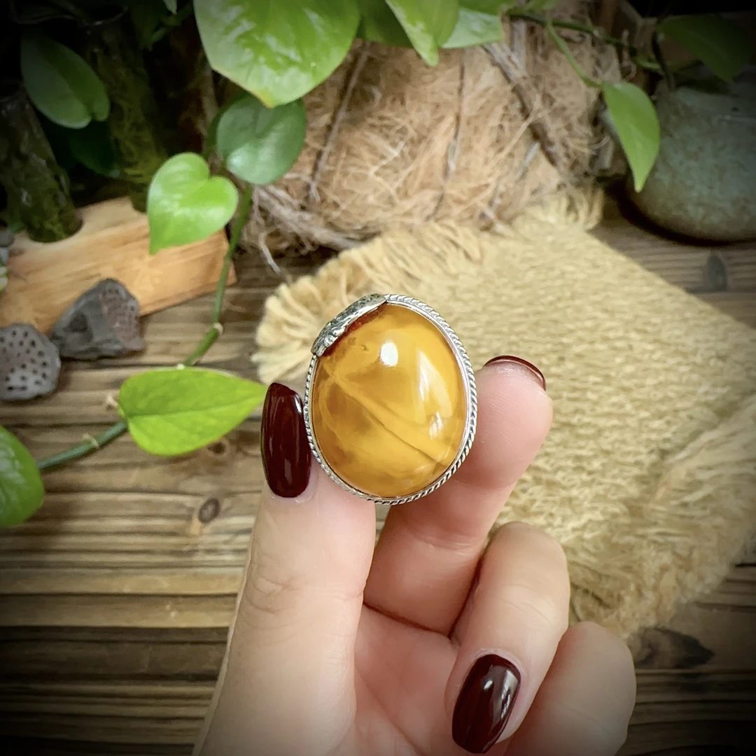 【古香古色】复古s925银蜜蜡琥珀戒指（圈口可调节）