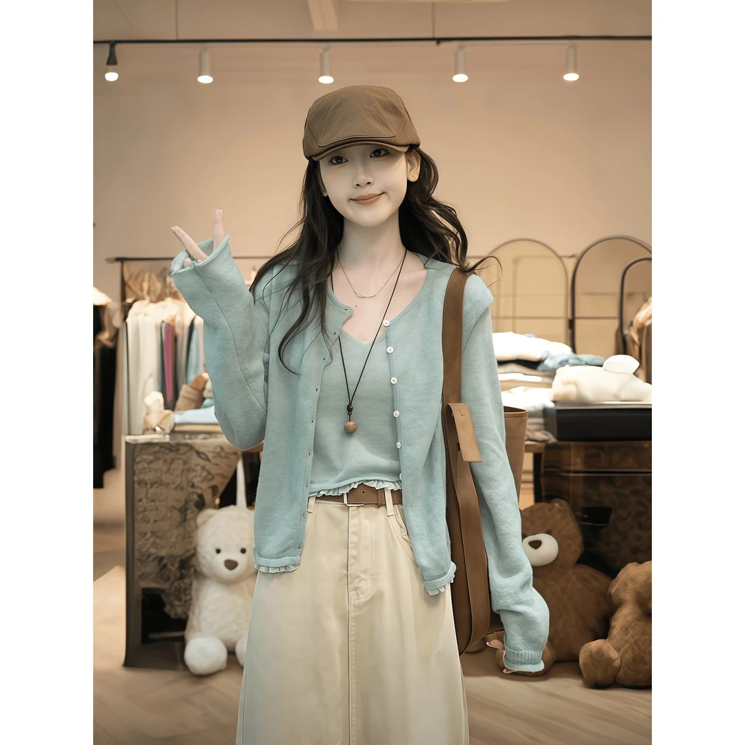 纯欲气质修身显瘦长袖针织开衫女早秋新款高级感叠穿内搭吊带背心