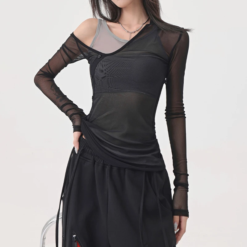 KEN STUDIO黑色慵懒修身吊带防晒罩衫假两件外搭网纱长袖t恤上衣