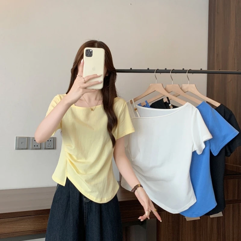 大码女装2025夏季新款褶皱收腰小众设计感显瘦短袖T恤上衣1958