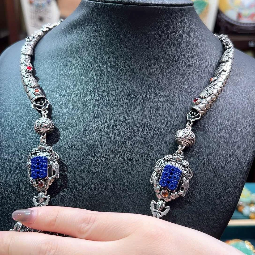 青金石银S925镶嵌颈饰，