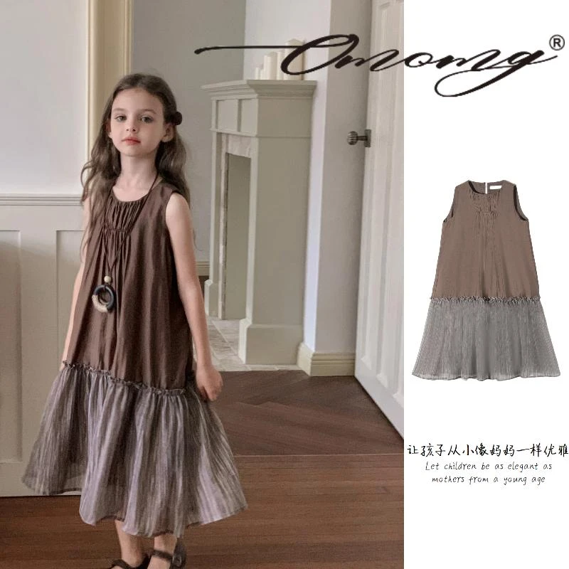 OMOMG女童连衣裙复古显瘦宽松气质时尚A字拼接设计师款咖色G4X357