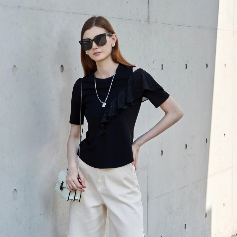 【丽公主】圣迪奥夏季女装圆领露肩百搭拼接短袖T恤S23280113