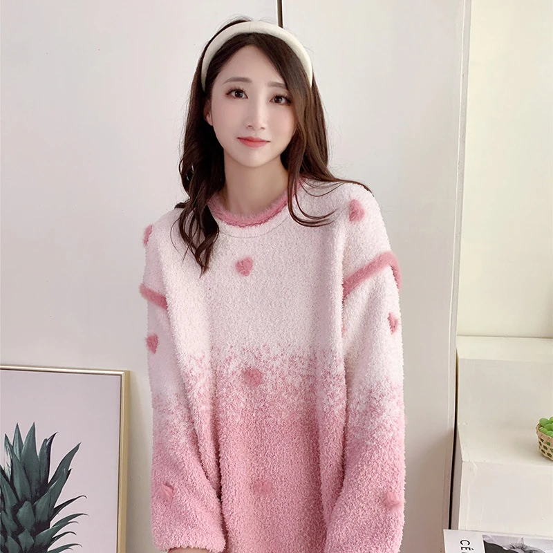 半边绒睡衣秋冬季可爱渐变色小爱心家居服女士套装圆领套头现货