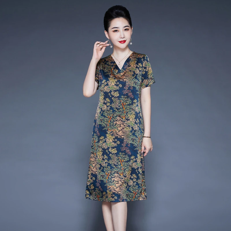 高级感冰丝连衣裙女夏季2025新款小个子中年妈妈气质洋气印花裙子