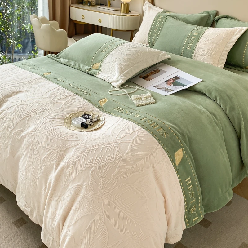 水星家纺适用高端雕花牛奶绒被套单件冬季加厚牛奶绒四件套珊瑚绒