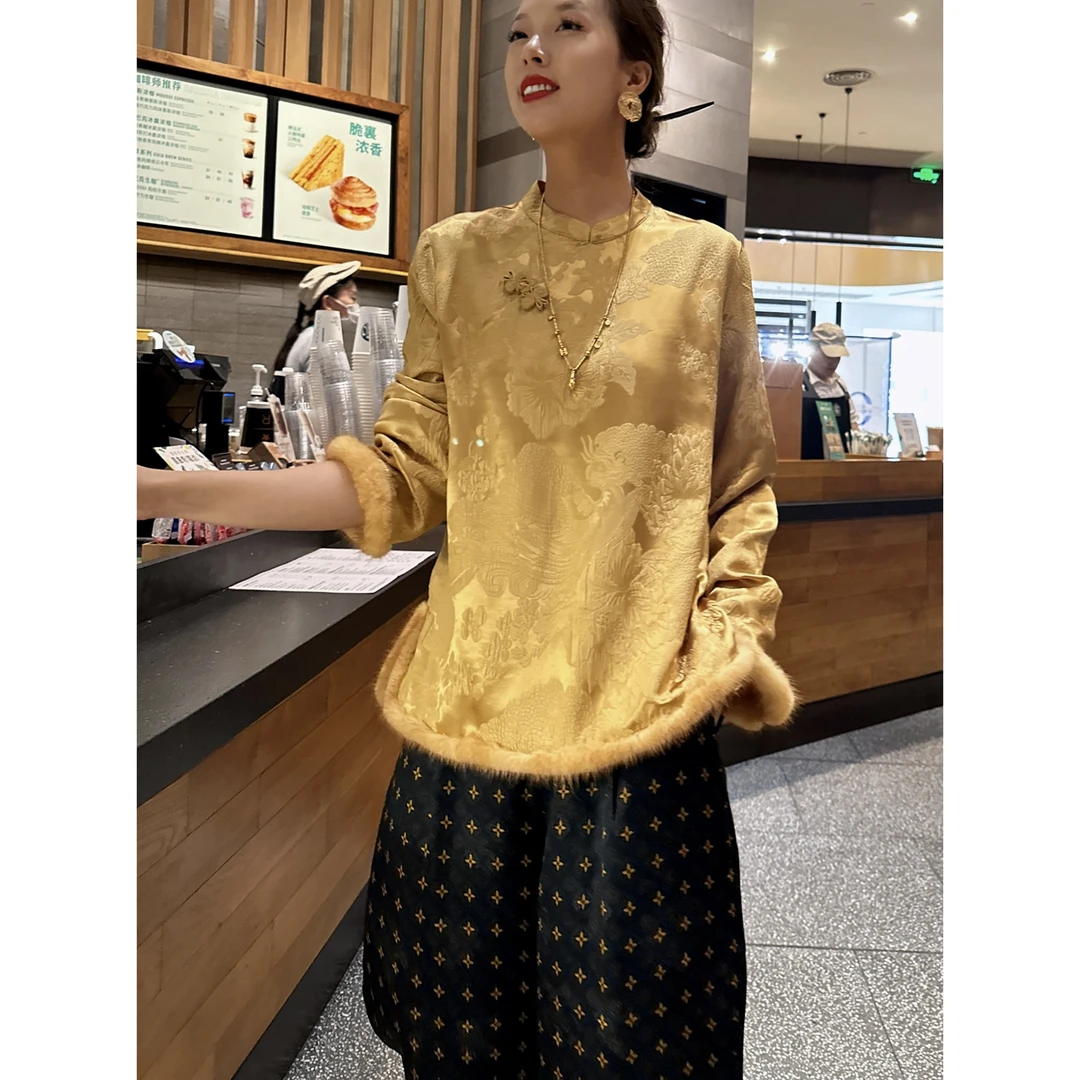 【老罗家】原创真丝衬衫桑蚕丝冠乐绉提花新中式长袖气质打底衬衣