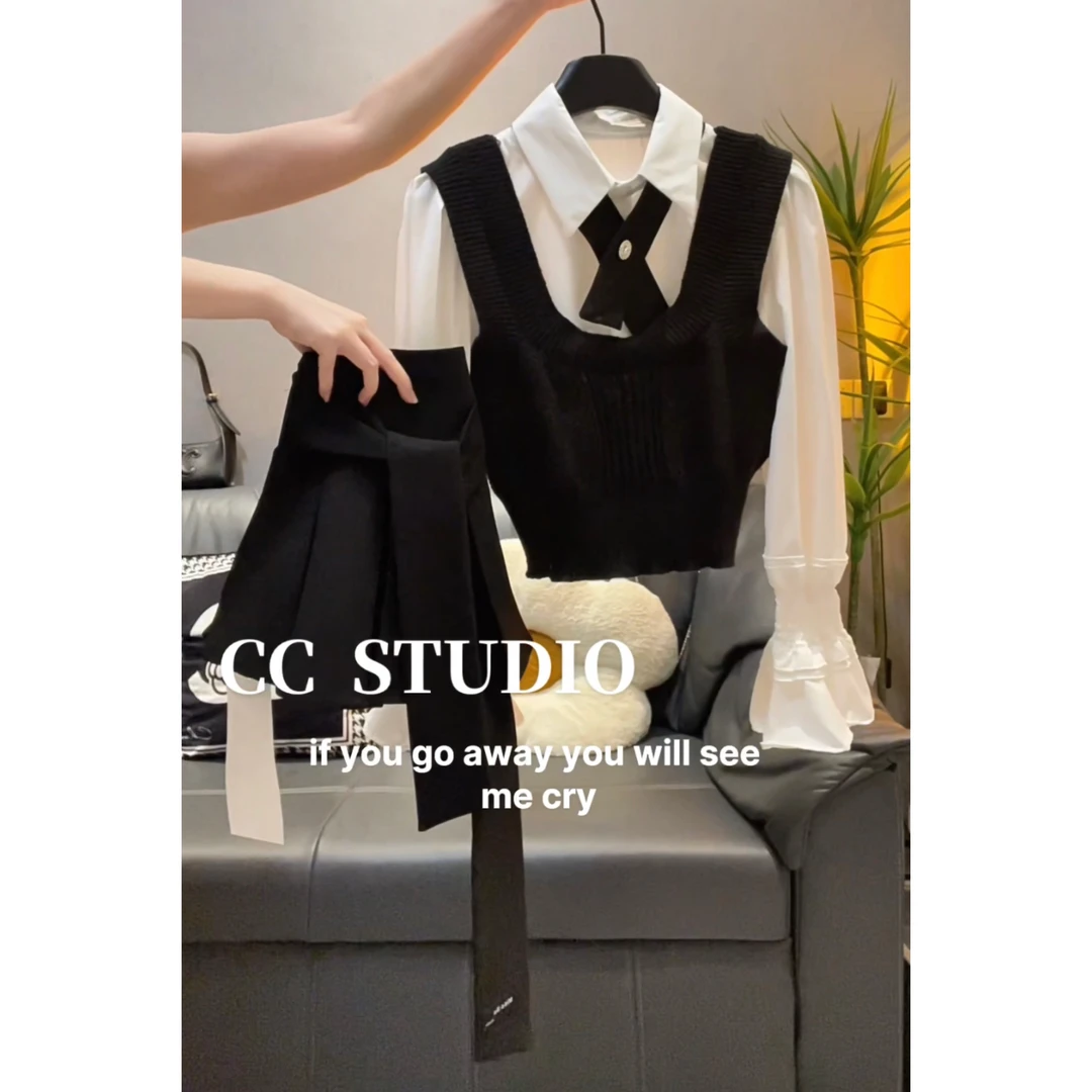 2025韩系高级感贵气千金女团风套装黑色马甲泡泡袖衬衫字半裙三件