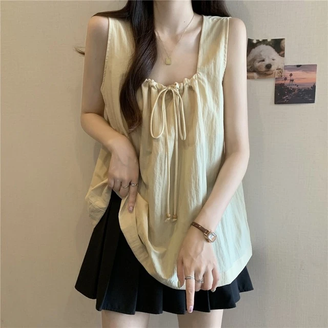 宽肩带方领雪纺吊带背心女外穿夏季大码胖mm中长款无袖娃娃衫上衣
