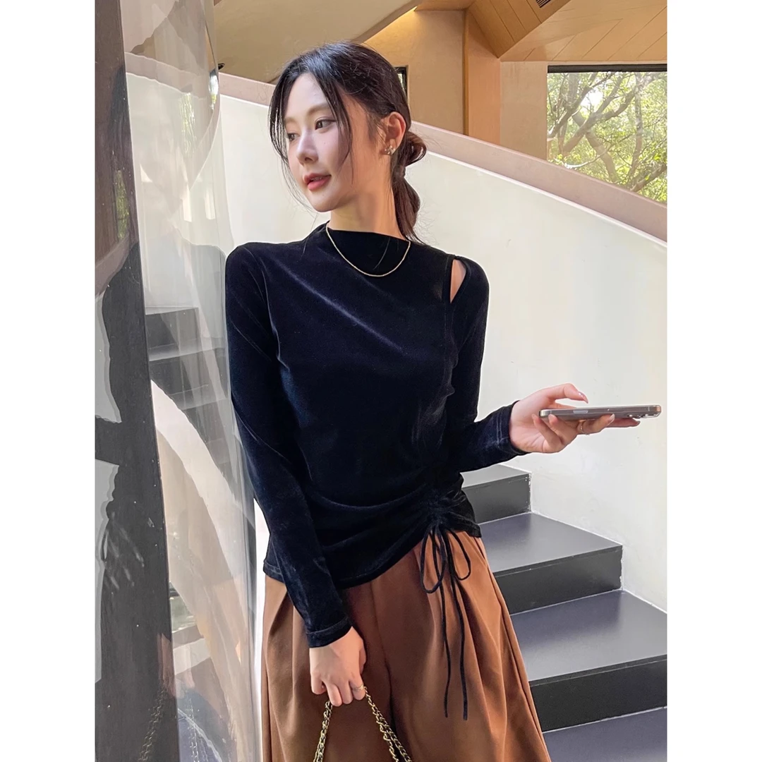 半高领镂空丝绒黑色打底衫女2025年新款春秋洋气长袖t恤内搭上衣