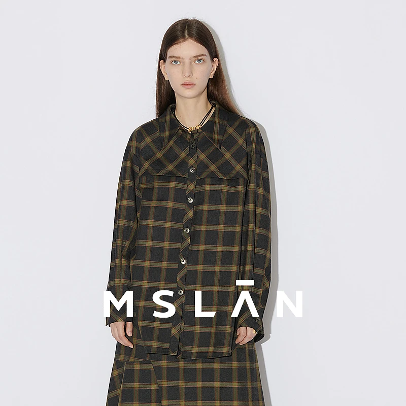 MSLAN【商场同款】新款长袖单排扣时髦女格纹衬衫MECA1413