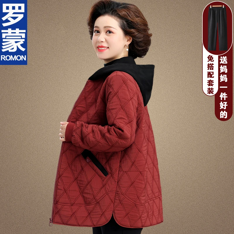 罗蒙品牌妈妈秋装气质夹棉外套新款中老年女秋冬中长款轻薄棉衣服