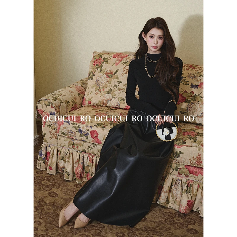 CUI CUI 崔崔【黑曜石】高腰极简风松紧带包臀针织皮裙女装半身裙