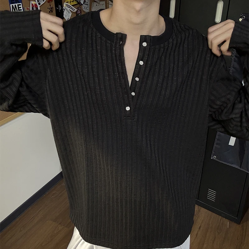 【LGGH】 肌理感条纹老钱风亨利领长袖T恤男女款秋季简约宽松打底衫