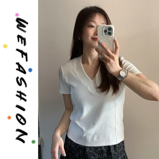 【WE】穿搭必备！巨显瘦啊V领鱼骨显瘦修身正肩纯色短袖T恤