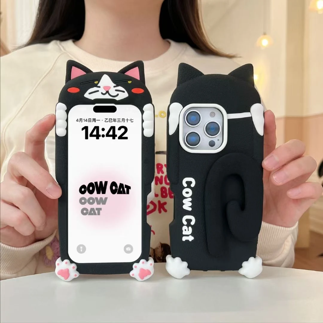 （苹果）卡通可爱奶牛猫咪尾巴支架iPhone16苹果15适用13/14pro max