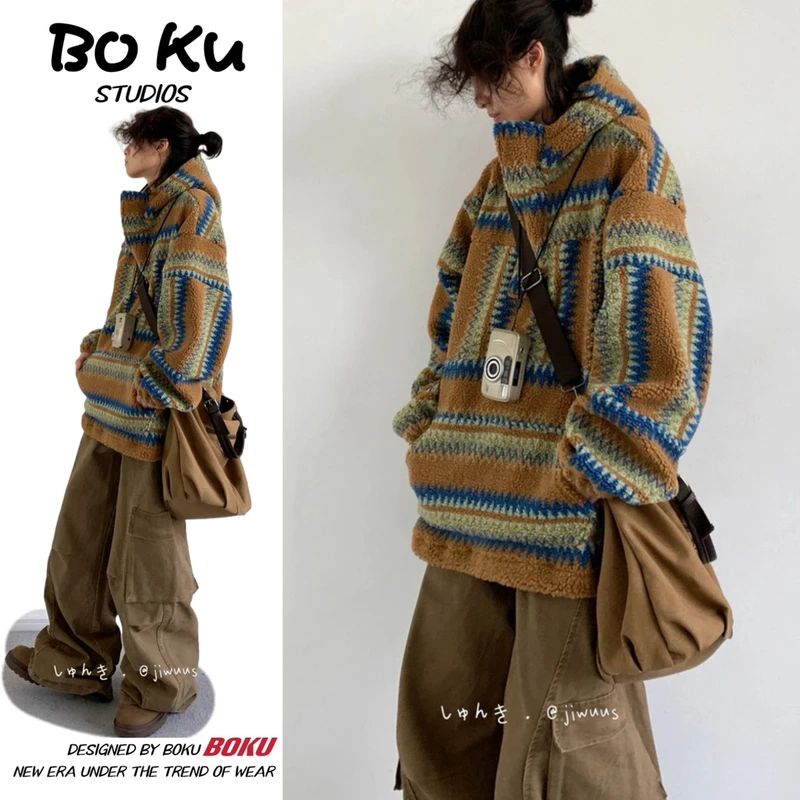 两件装/单件秋冬复古加厚羊羔绒连帽卫衣民族风男女宽松外套