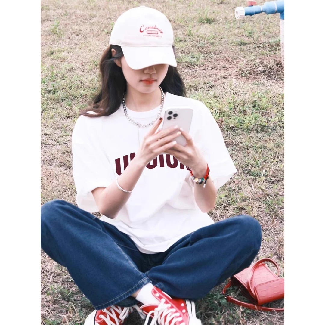 【220克纯棉】高街港风圆领上衣夏季多巴胺慵懒风气质韩范短袖T恤女