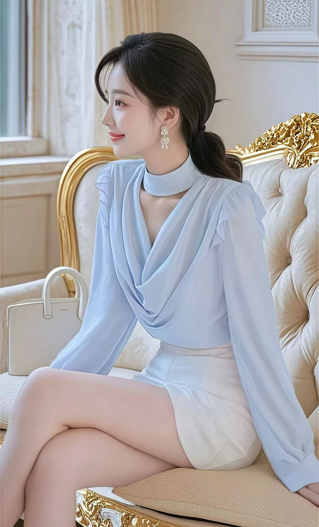 SS1328小众御姐风情万种的漂亮高级感蓝色荡领小飞袖衬衫女夏新款