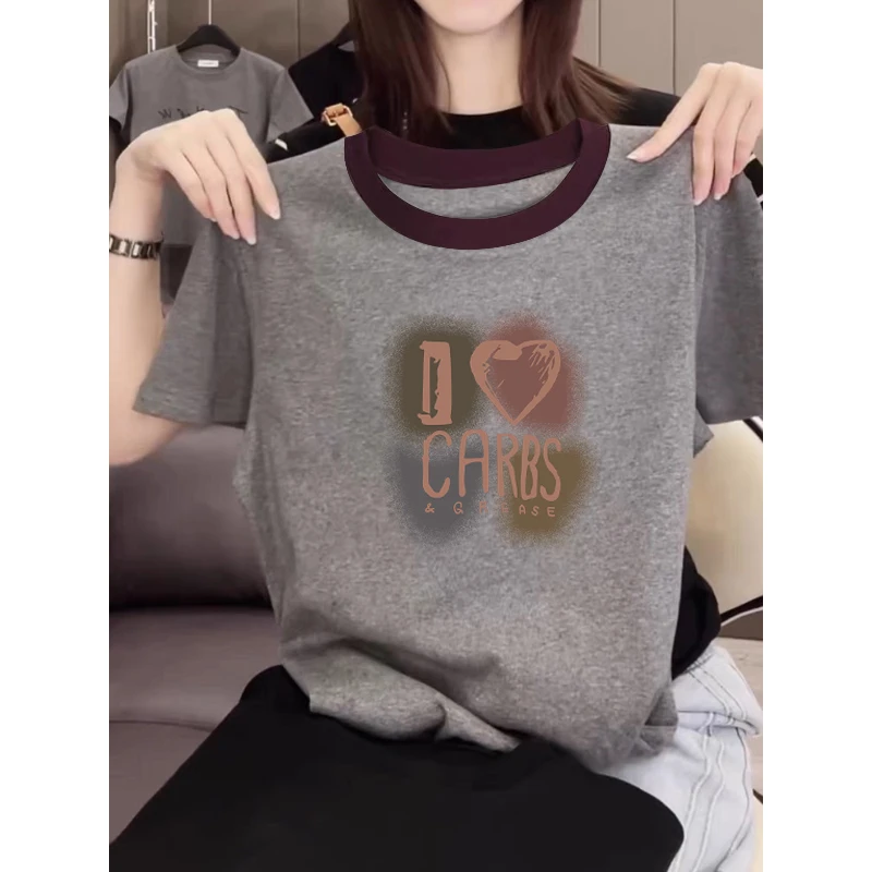 2025新款正肩纯棉短袖t恤女ins休闲百搭插色洋气撞色灰色上衣夏季