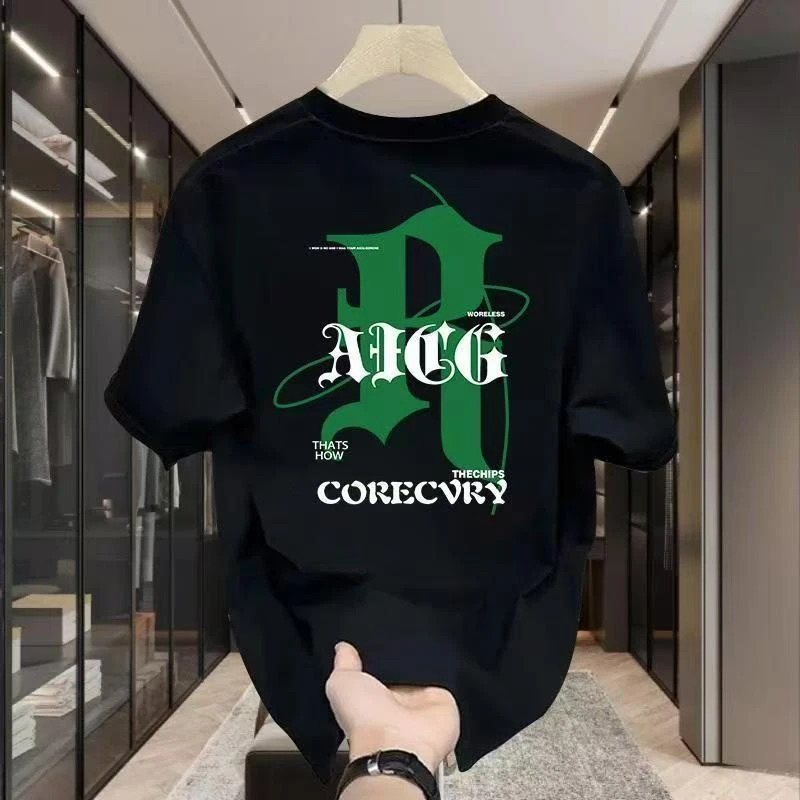 雅鹿男士夏季休闲百搭时尚韩版轻奢潮流个性印花ins圆领T恤宽松