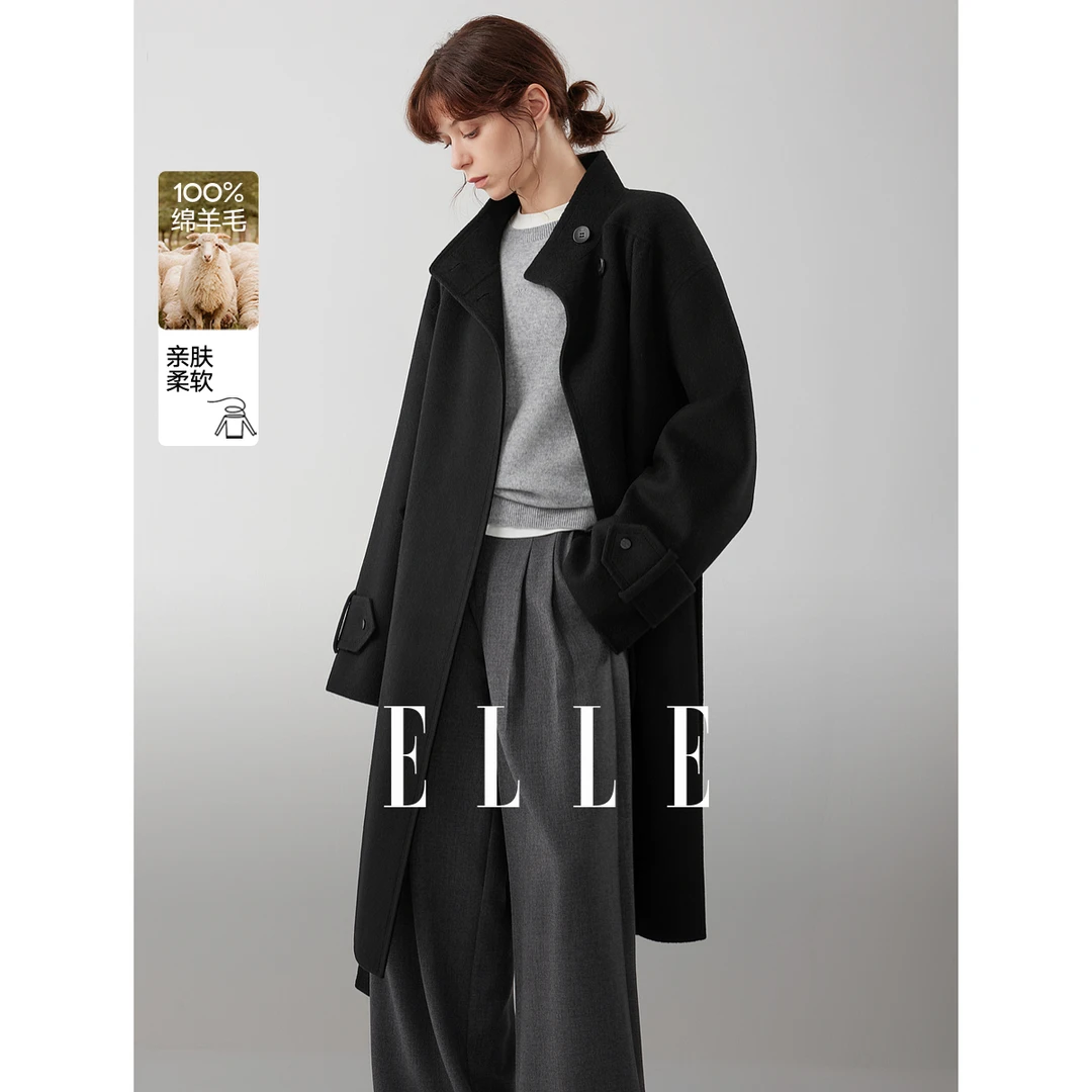 【100%绵羊毛】ELLE女装长款双面呢大衣2025冬新款外套EN52842