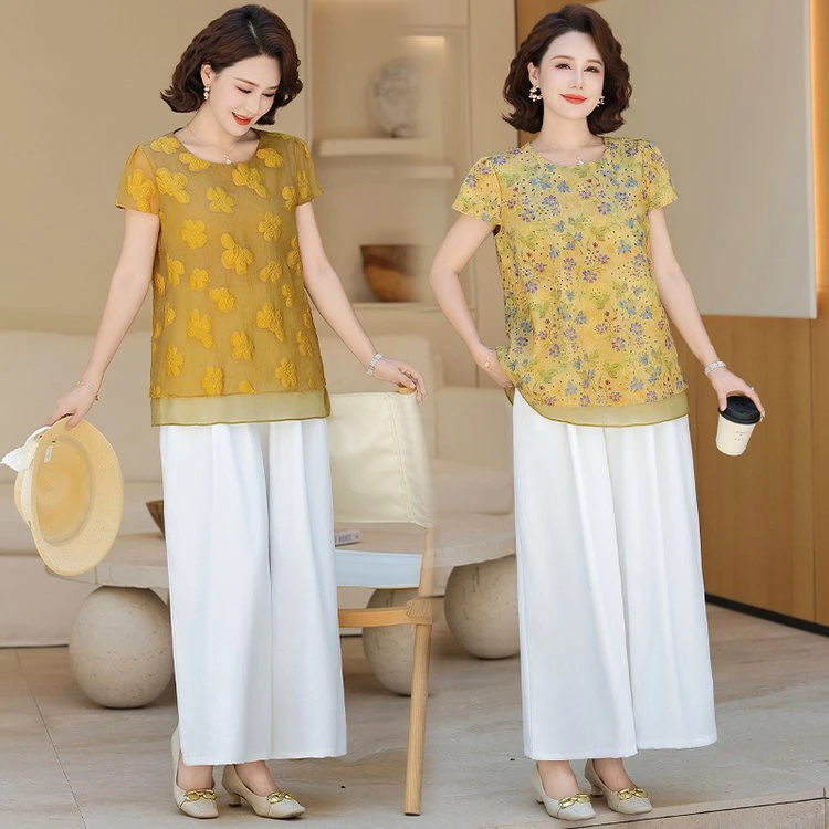 时尚中年妈妈夏季复古黄色圆领刺绣上衣衬衫搭配阔腿裤2591
