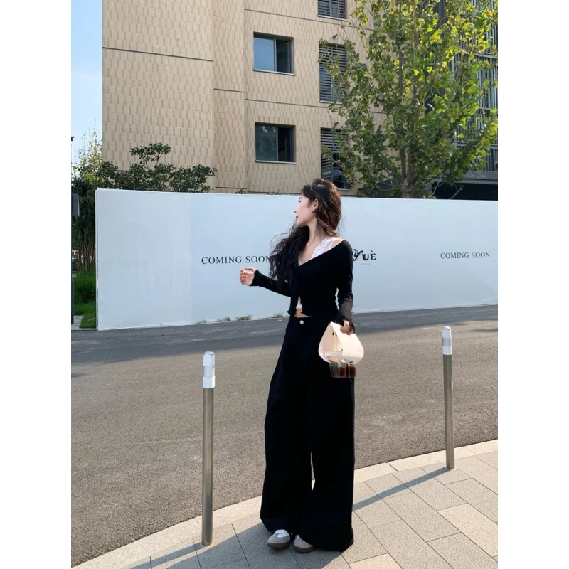 纯欲慵懒风女装长袖V领罩衫内搭背心吊带秋季显瘦休闲长裤三件套