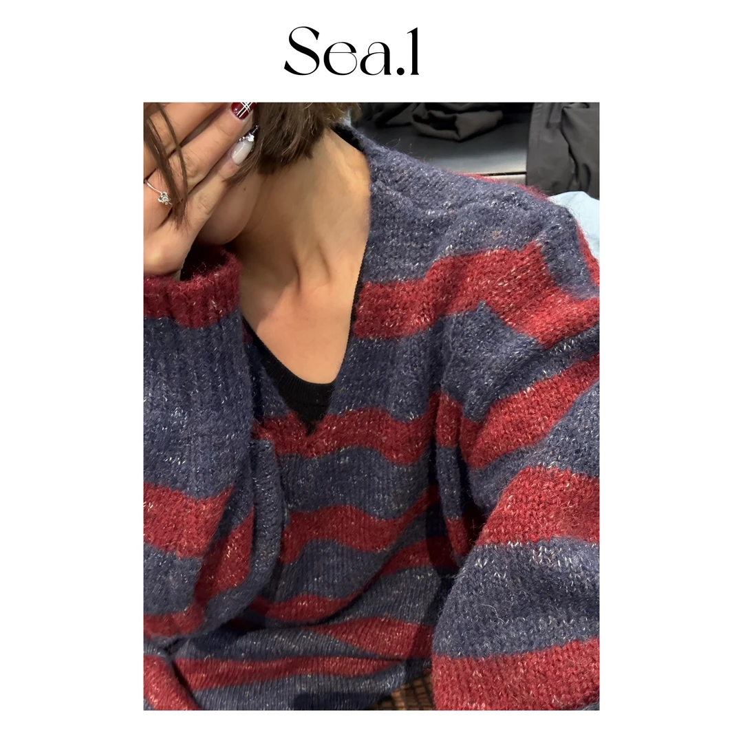【Sea.1 AAn/ 慵懒风复古条纹毛衣】V领针织毛衣女宽松显瘦毛衫