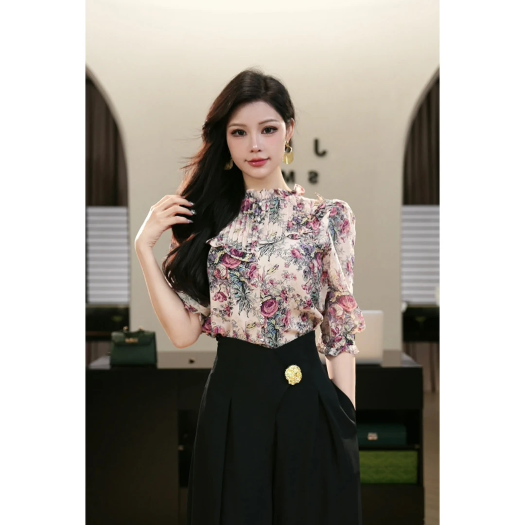 现货2025夏季新款【LT24-C236】高级时尚气质碎花长袖衬衫上衣