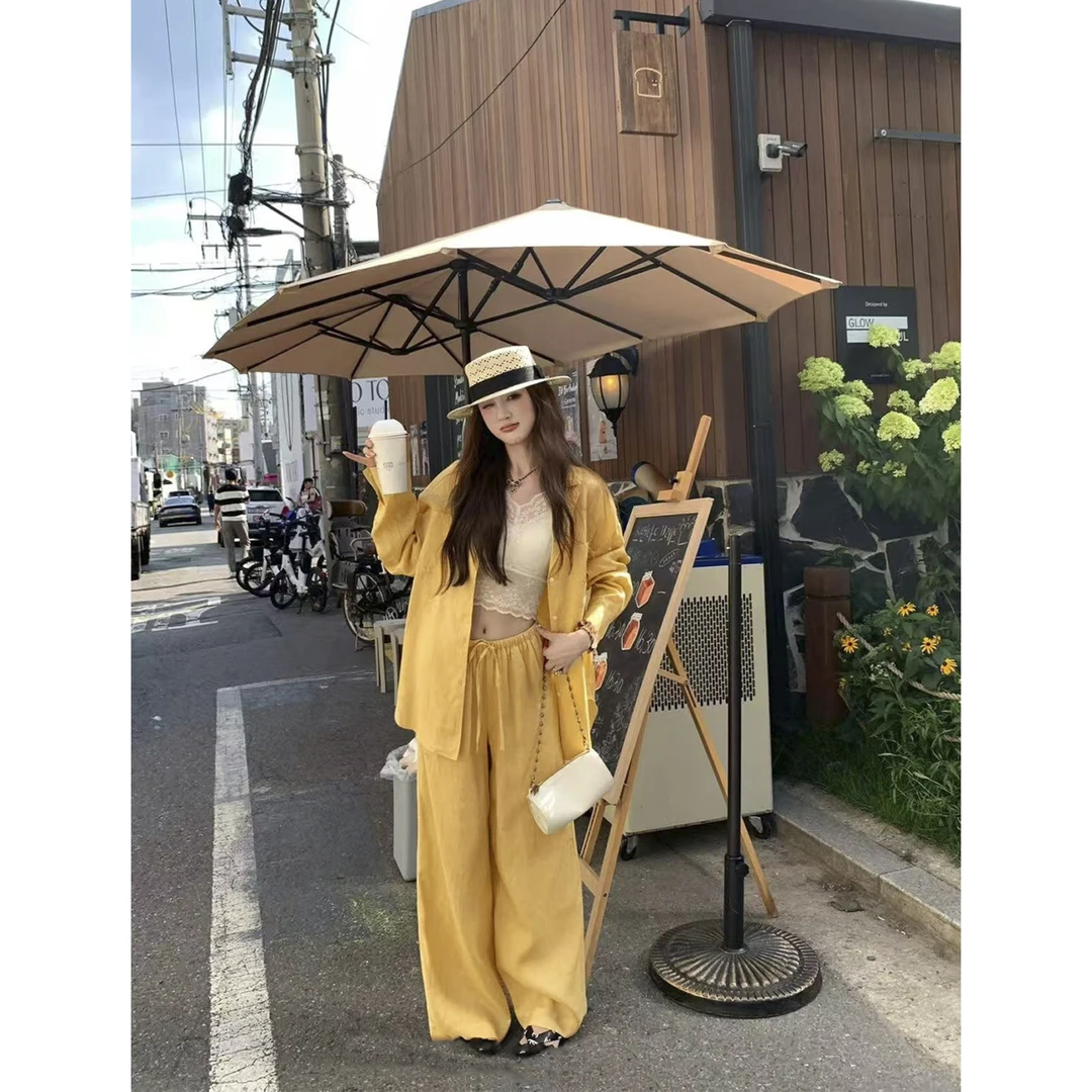 老钱风纯亚麻套装衬衫休闲裤长袖翻领外套长裤Z 9050#