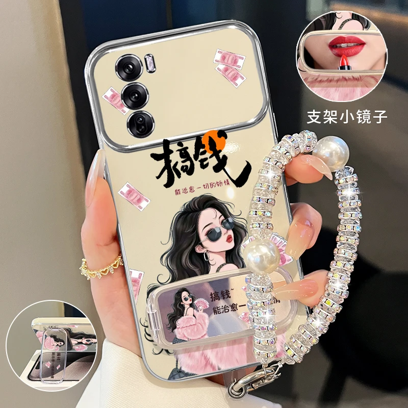 适用oppoReno12/pro搞钱小富婆手机壳补妆镜折叠支架防摔创意女款