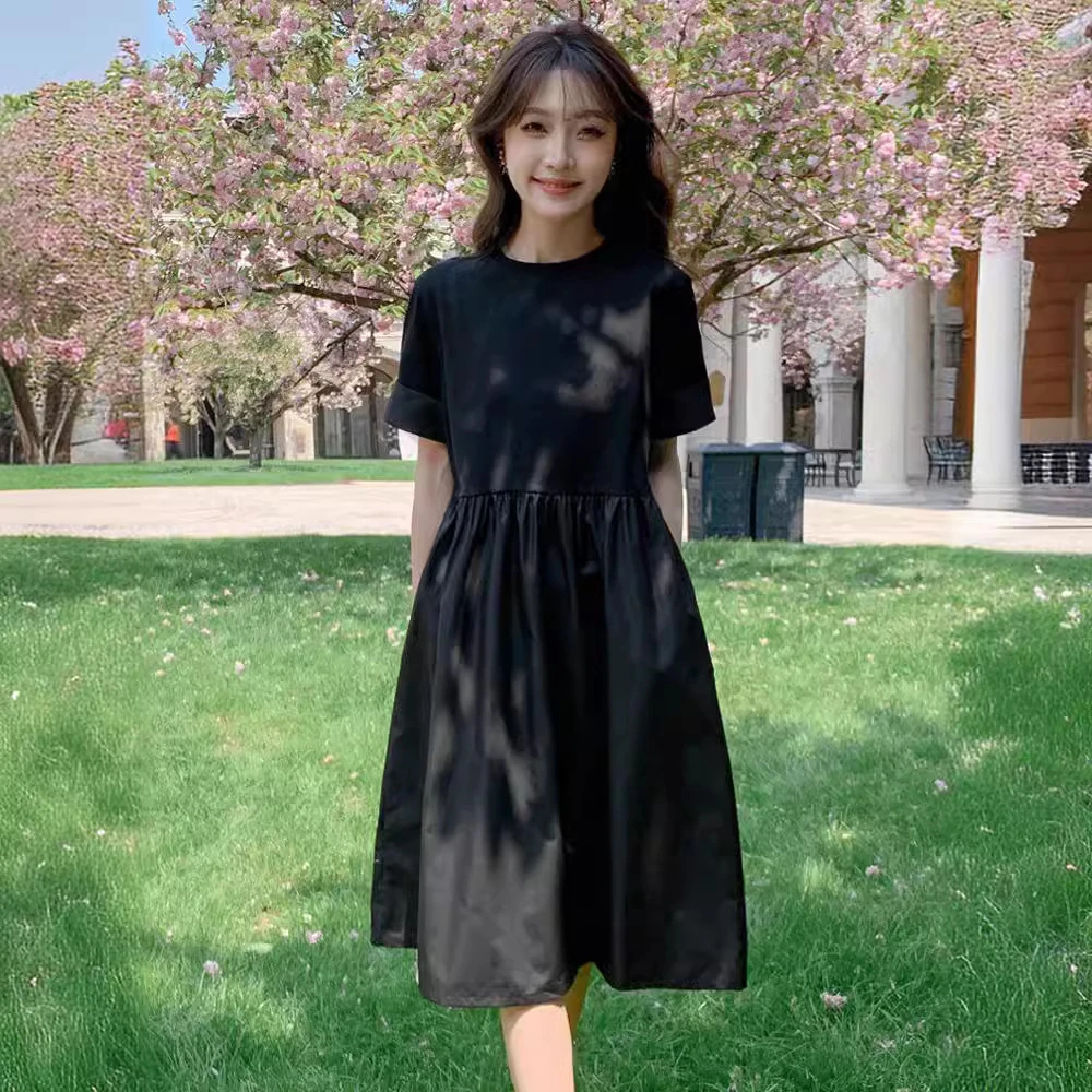 【黑色赫本风】短袖连衣裙女夏季2025新款韩版宽松大码显瘦A字裙