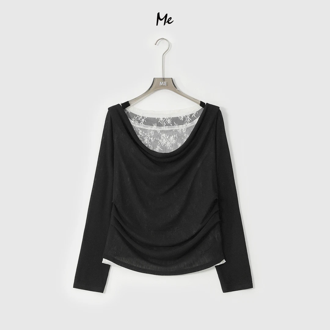 ME【浮花芭蕾衫】法式荡领蕾丝拼接显瘦百搭时尚内搭上衣MESA3294
