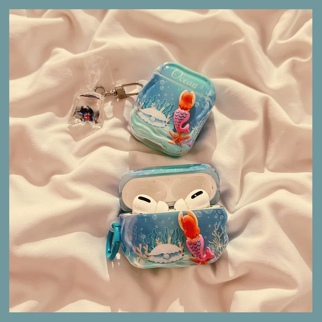 卡通海底立体人鱼AirPodsPro1/2苹果4代/3代无线蓝牙耳机套PVC新