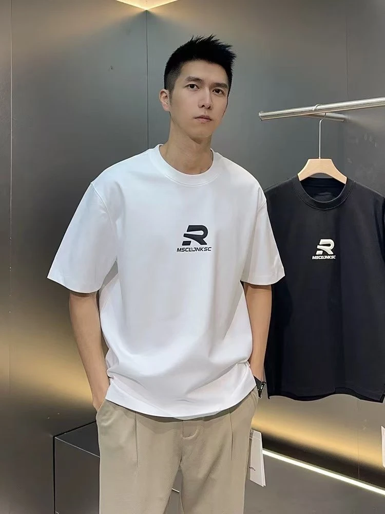 男士夏季宽松棉休闲T恤男士校园白色潮流短袖运动时尚百搭简约