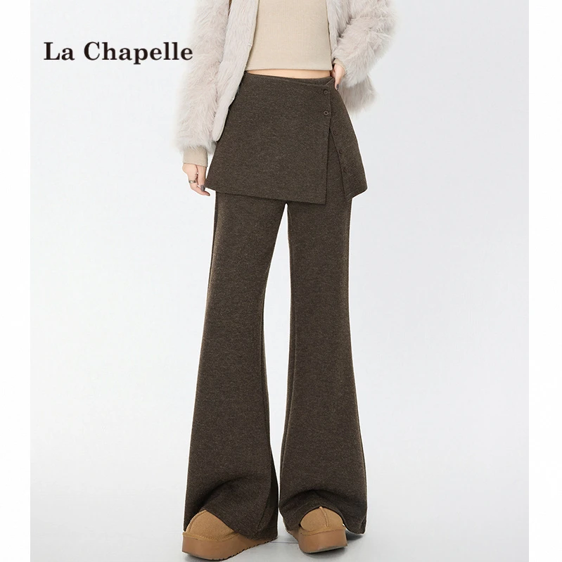 拉夏贝尔加绒加厚微喇裤女秋冬2025新款高腰假两件遮臀屁帘喇叭裤